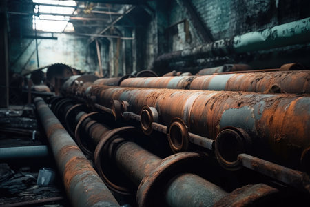 close-up of rusty metal pipes and machinery in abandoned factory, created with generative aiの素材