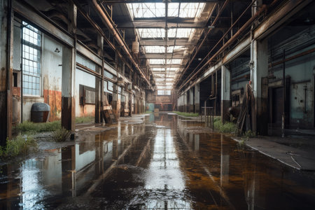 flooded and rusted out industrial building, with water spilling over the floor, created with generative aiの素材