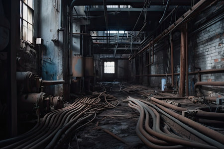rusting metal pipes and electrical wiring in abandoned factory, created with generative aiの素材