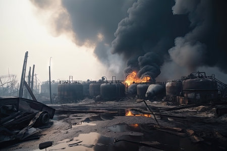 refinery, its tanks and pipelines destroyed by fire, smoke rising from the ruins, created with generative aiの素材