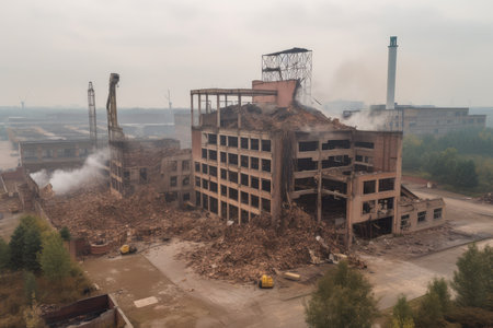ruined factory with broken machinery, smoke still rising from the chimneys, created with generative aiの素材
