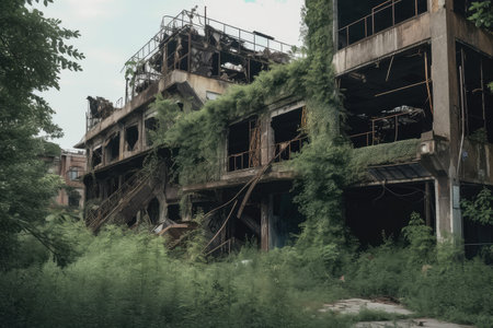 ruined factory with broken and twisted metal, surrounded by overgrown vegetation, created with generative aiの素材