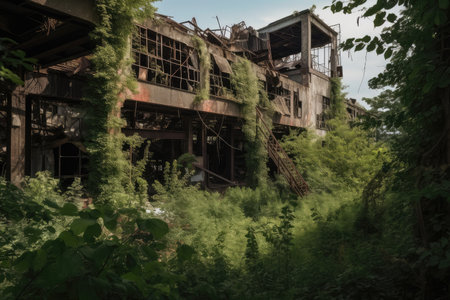 ruined factory with broken and twisted metal, surrounded by overgrown vegetation, created with generative aiの素材