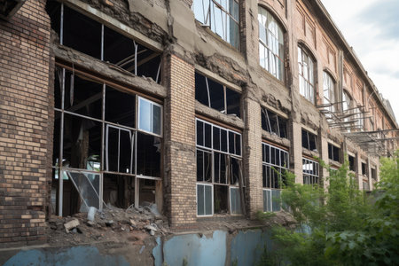 remains of historical industrial building, with shattered windows and broken walls, created with generative aiの素材