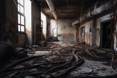 broken pipes and exposed wiring in abandoned factory, created with generative aiの素材