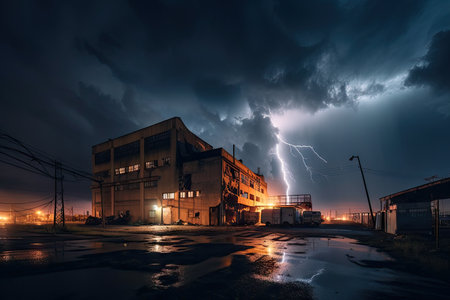 stormy night, with lightning illuminating the sky and striking a destroyed industrial building, created with generative aiの素材