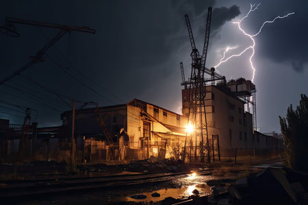 stormy night, with lightning illuminating the sky and striking a destroyed industrial building, created with generative aiの素材