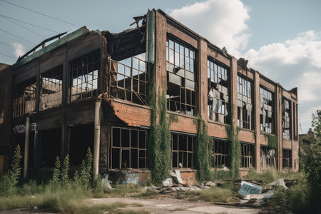 ruined industrial building with broken windows and collapsed roof surrounded by debris, created with generative aiの素材