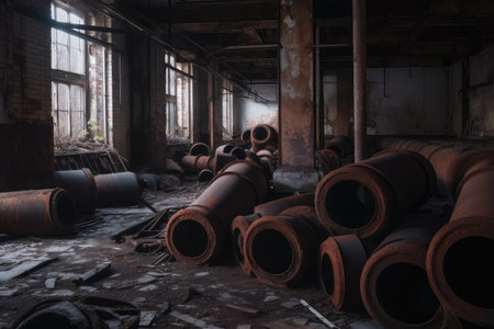 rusted pipes and machinery left behind in abandoned factory, created with generative aiの素材