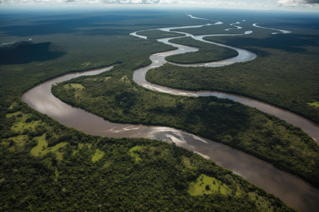 aerial view of the amazonas, with dense forest and winding rivers, created with generative aiの素材