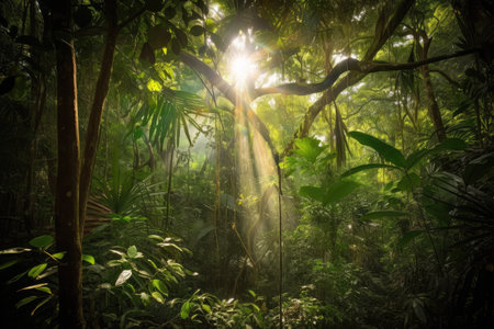 sunlight filtering through the dense canopy of the amazonas, creating a magical atmosphere, created with generative aiの素材