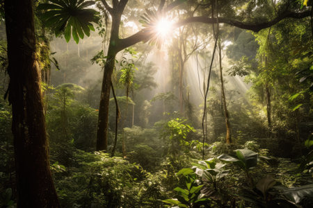sunlight filtering through the dense canopy of the amazonas, creating a magical atmosphere, created with generative aiの素材