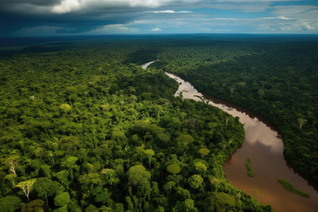 view of the amazonas, with a view of the river and its tributaries winding through the dense rainforest, created with generative aiの素材
