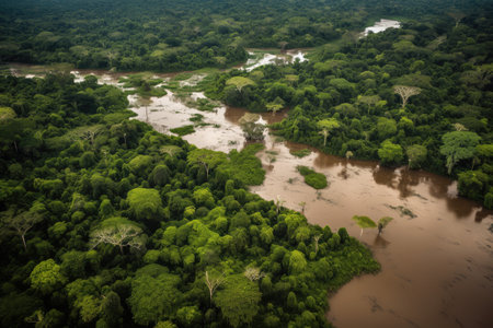aerial view of the amazonas wilderness, with muddy waters and green vegetation, created with generative aiの素材