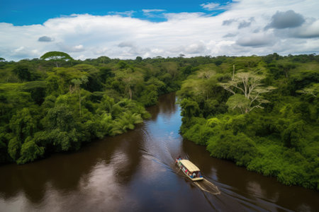 aerial view of the amazonas with boat navigating river, surrounded by lush greenery, created with generative aiの素材