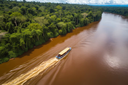 aerial view of the amazonas, with a boat speeding along the river, created with generative aiの素材