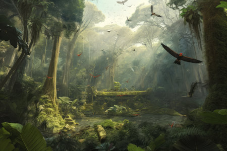 peaceful jungle, with birds and insects soaring above, created with generative aiの素材