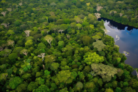aerial view of the amazonas, with lush vegetation and wildlife in full view, created with generative aiの素材