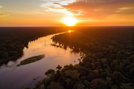 aerial view of the amazonas, with sun setting into horizon, created with generative aiの素材
