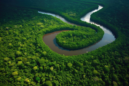 a winding river in the amazonas, with pristine waters and lush vegetation, created with generative aiの素材