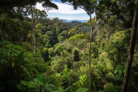 rainforest canopy, with view of the forest floor and river below, created with generative aiの素材