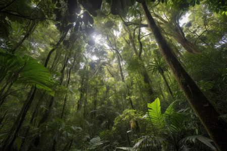rainforest canopy, with view of the forest floor and river below, created with generative aiの素材