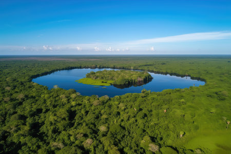 aerial view of the amazonas, with clear blue skies and green trees, created with generative aiの素材