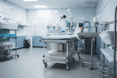cleanroom robot with tray of medical supplies, ready to assist with procedures, created with generative aiの素材