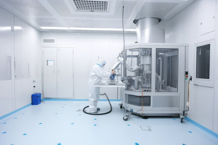 cleanroom with robot performing precise and delicate, created with generative aiの素材