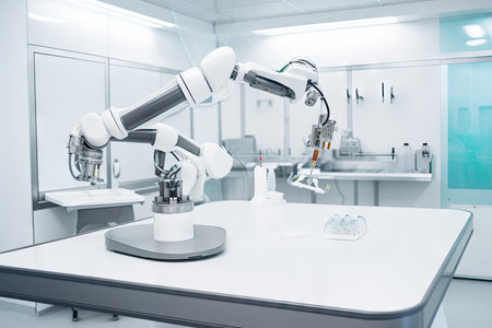 cleanroom and sterile environment robot performing delicate , with the patients life in its robotic hands, created with generative aiの素材