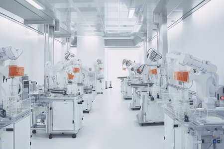 cleanroom with robots performing delicate medical procedures, such as, created with generative aiの素材