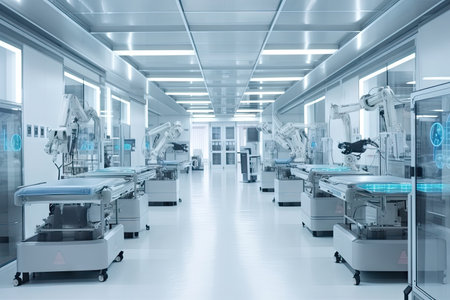 cleanroom with robots performing delicate medical procedures, such as, created with generative aiの素材