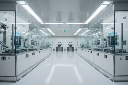 cleanroom with robots performing delicate and intricate, created with generative aiの素材