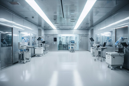 cleanroom, with high-tech and futuristic robots performing delicate procedures, created with generative aiの素材