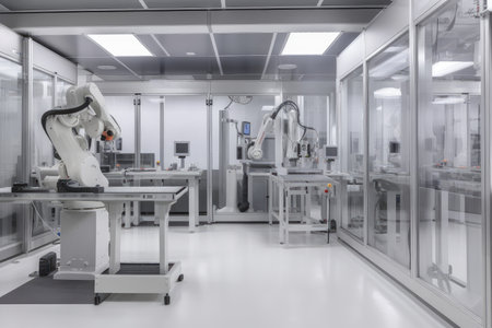 cleanroom with robotics, machines and equipment for high-tech research project, created with generative aiの素材