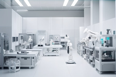 scientific laboratory, with robots moving equipment and materials around sterile room, created with generative aiの素材