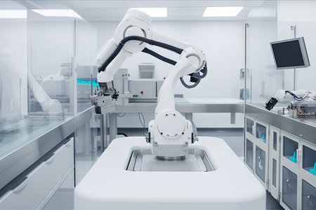 robot, cleaning and sanitizing benchtop in cleanroom, with equipment for scientific research visible, created with generative aiの素材