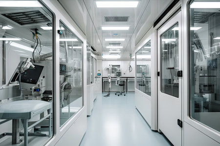 cleanroom with robotic arm providing close-up view of sterile environment, created with generative aiの素材