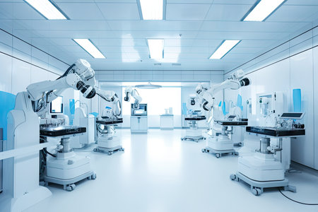 cleanroom with robots performing delicate surgical procedures, created with generative aiの素材