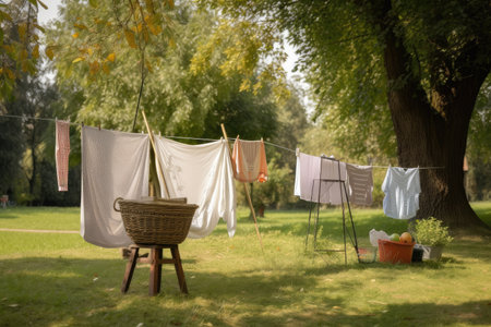 relaxing day in the park, with clothesline and basket of freshly washed clothing visible, created with generative aiの素材