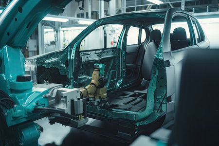 robot arm guiding human worker in the assembly of a car, created with generative aiの素材