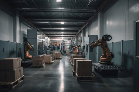 factory floor with cobots boxing and packing goods for shipment, created with generative aiの素材