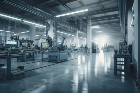 factory floor with cobots working on assembly line and humans in the background, created with generative aiの素材