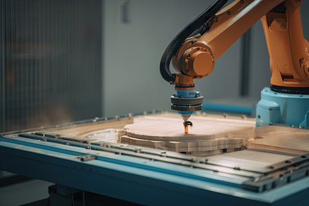 robot arm picks up part from conveyor belt and places it in mold, created with generative aiの素材