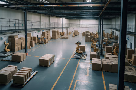 factory floor with cobots boxing and packing goods for shipment, created with generative aiの素材
