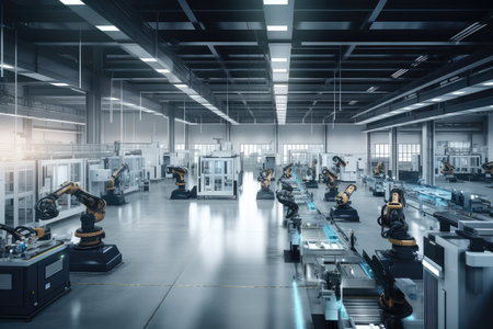 view of a factory floor, with several cobots working collaboratively on assembly line, created with generative aiの素材