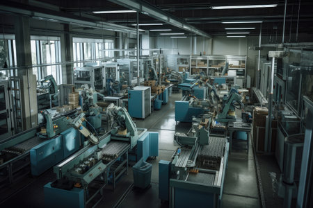 view of a factory floor, with several cobots working collaboratively on assembly line, created with generative aiの素材