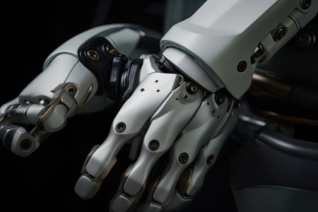 close-up of cobots gripping hand, with tool in the other, created with generative aiの素材
