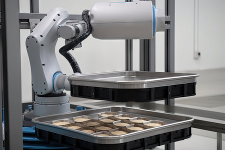 a cobot carrying a tray of parts towards a factory robot, created with generative aiの素材
