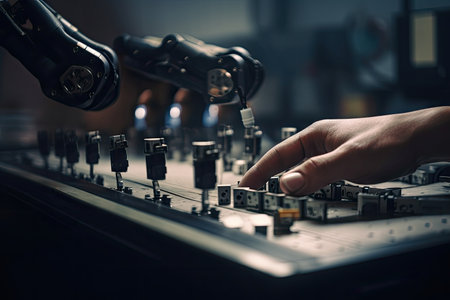 close-up of cobots delicate fingers, performing delicate task in factory, created with generative aiの素材